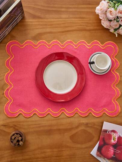 1/4/6/8pcs Rose Red Embroidered Wavy Stripe Edged Rectangular Placemats, Kitchen Decor Non-Slip Coasters For Dining Table, Living Room, Restaurant, Party, Wedding, Office, Coffee Table, Valentine's Day, All Seasons