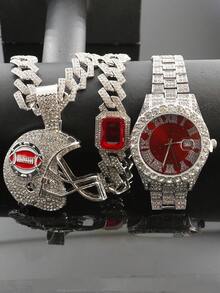 一套3D全钻橄榄球头盔吊坠项链、手链、手表套装，时尚奢华礼盒包装，适合送礼。 - 紅色 - 查看 10