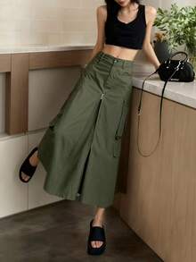 2025秋冬时尚日常户外街头通勤复古风多口袋拉链女裙，休闲日常穿着，适合冬季、圣诞节、新年派对、优雅女士装扮、夏季、情人节，绿色裙子 - 軍綠色 - 查看 6