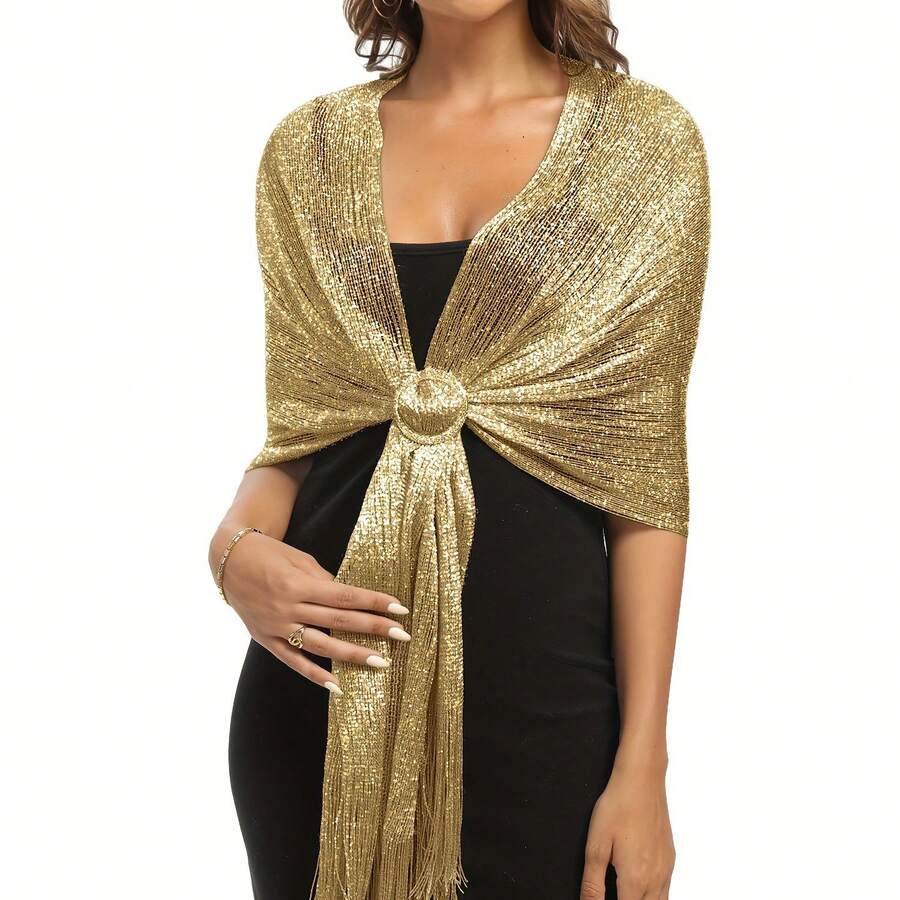 Evening Party, Wedding, Dress Accessory - Elegant Golden And Silvery Thread Shawl - Flat Scarf, Fringe Scarf - Beach And Seaside Play - 銀色 - 查看 1