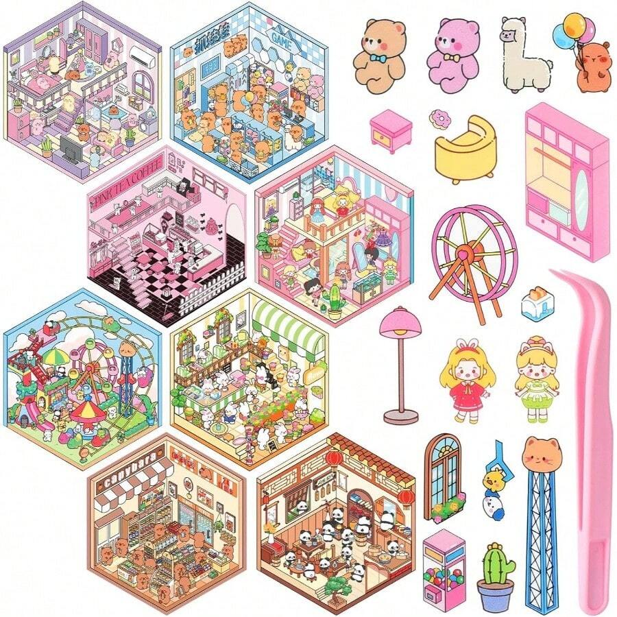 8 Hojas Escena de Pegatinas con Pinzas, 3D Calcomanas de Escena en Miniatura, Pegatinas para Nios, Calcomanias Decorativas, Pegatinas Divertidas, 3D Puffy Pegatinas, Regalos para Adultos y Nios - Varios Colores - Ver 1