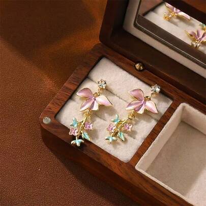 Pembe Yapraklı Mikro Kakmalı Zirkonyum Küpeler, Kadınlar İçin Çok Amaçlı Püsküllü Küpeler, İlkbahar/Yaz