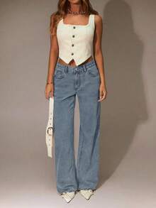 Womens Jeans, Women's Wear In Y2K Style Solid Color Wash Blue High-Waisted Jeans, Loose Diagonal Pocket Zipper Button Open And Close Jeans, Women's Jeans And Clothing, Jeans>Pants, Suitable For All Seasons, With Multiple Pocket Designs, Religion>Clothes, Suitable For Outdoor Outfits, Cocktail Parties, Parties, Christmas, Nightclubs, Banquets, Film Festivals, Cinemas, Balls, Cocktail Parties, Bars, Weddings Graduation Ceremony, Homecoming, Birthday Party, Rebellious Girl, Holiday-Themed Party, Out Dress, Streetwear, Fashion Show, Date, Valentine 's Day, Out Work University, School Village, Concert, Street Girl, Girl, Country Outfits Women, Out Best Women, Ladies' Holiday Clothing, Country Concert Country Concert Outfit,New Years Outfit Women - Màu xanh bạc hà - Xem 3