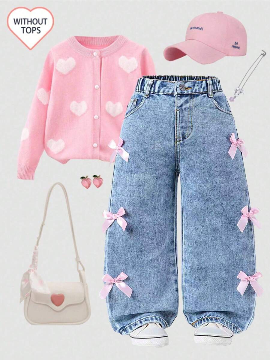 Baby GirlJeans, New Arrival, Y2K Fashion Cute Sweet Pink Bow Decor Wide Leg Jeans, Comfortable & Versatile, Suitable For Daily Outings - Light Wash - View 1