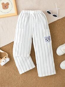 idolCat Boys' Casual Striped Trousers With Teddy Bear Patches For Fall Daily Wear - White - View 3
