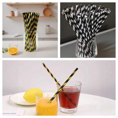 25/100 Black Gold Striped Paper Straws, Suitable For Various Party Events Such As Birthdays, Weddings, Bridal Showers, Baby Showers, Anniversaries, Graduation Ceremonies, Etc. Christmas Decorations And Party Supplies, Birthday Party Crafts, Cake And Supplier Decorations, Cocktail Straws