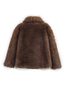 HH 女士冬季优雅纯色仿毛皮效果长袖开衫外套 女式休闲高街口袋外套 - 染尖棕 - 查看 8