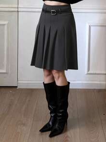 Livesso Women's Solid Color Pleated A-Line Midi Skirt, Casual College Style - Dark Grey - View 3