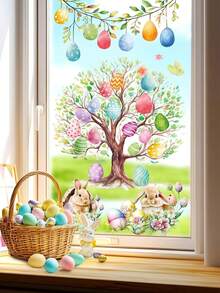 9 piezas - Pegatinas para ventanas de Pascua, pegatinas de ventana con huevos, flores y conejitos de Pascua, decoraciones de Pascua, huevos de Pascua, árbol, conejito, pegatinas de ventana con flores primaverales y mariposas de doble cara, adecuadas para tiendas, hogar, oficina, fiesta y decoración - Multicolor - Ver 6