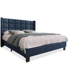 Upholstered Double Bed With Padded Headboard, 140x200cm, In Blue Linen, Medium Firmness (Mattress Not Included) - Blue - View 4