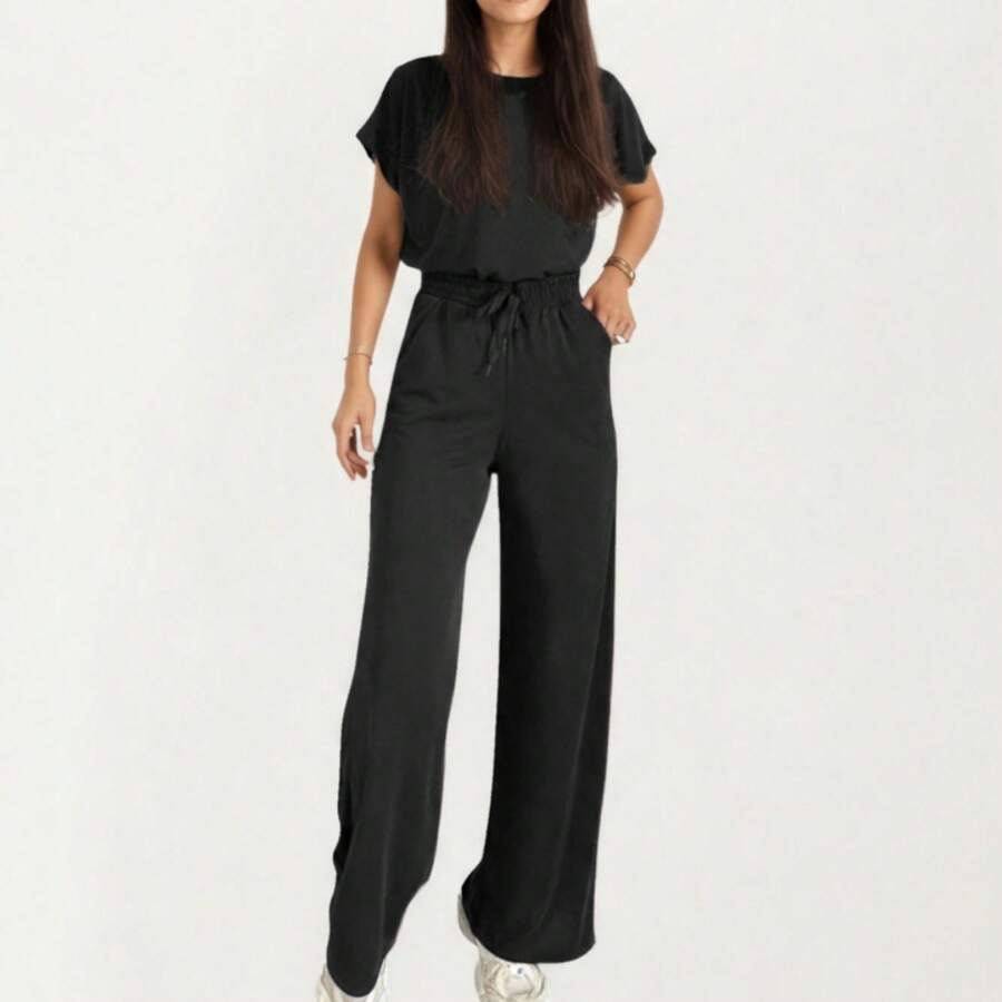 Women's 2-Piece Set Short Sleeve Relaxed Fit Top And Wide Leg Pants With Soft Stretch Fabric And Drawstring Waist - 黑色 - 查看 1