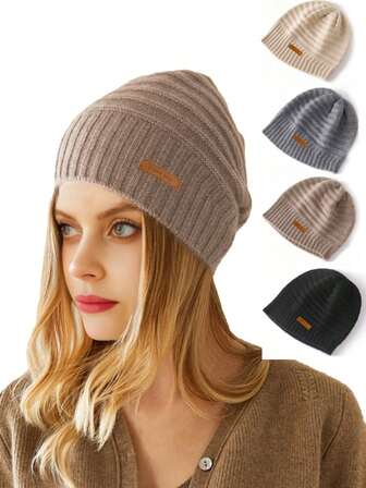 1 st Unisex 100% Ren Ull Randig Mössa, Varm Stickad Hörselskyddshatt För Vinter Utomhuscykling, Enfärgad