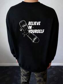 Tween Boy 1pc Skateboard & Slogan Graphic Drop Shoulder Pullover - Black - View 1