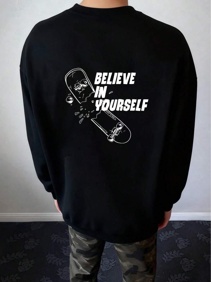 Tween Boy 1pc Skateboard & Slogan Graphic Drop Shoulder Pullover - Black - View 1
