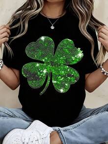 St Patricks Day Sparkle Shamrock Sequin T Shirt Women Lucky Clover Print Bling Top Black Short Sleeve Casual Fashion Tee For St Patricks Celebration Party Wear Festive Outfit Green Rhinestone Design Streetwear Style Comfortable Fit Soft Cotton Material Plus Size Available Modern Holiday Apparel Gift Idea - 黑色 - 查看 1