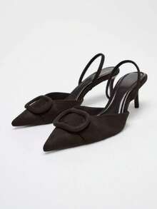 Women's Velvet Effect Embellished Pointed Toe High Heels,Kitten Heels - Coffee Brown - View 1