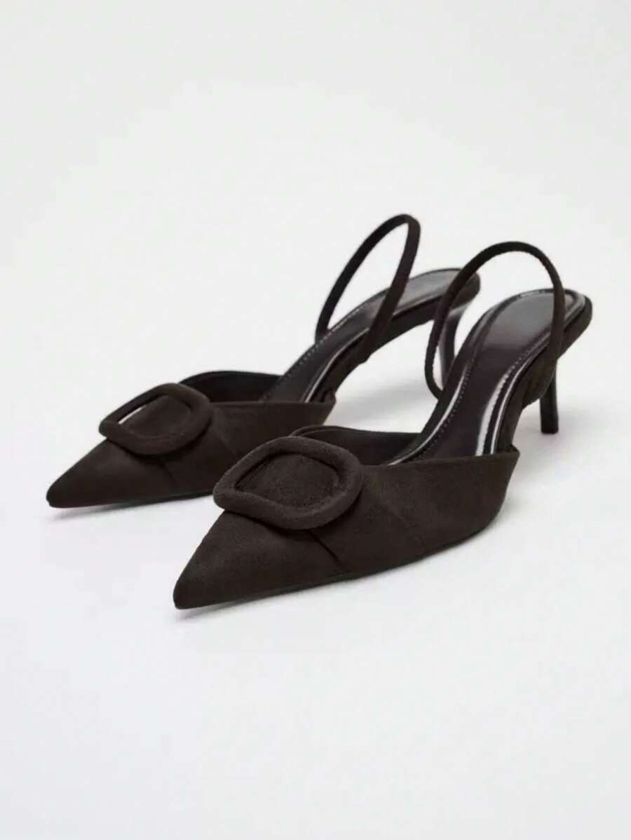 Women's Velvet Effect Embellished Pointed Toe High Heels,Kitten Heels - Coffee Brown - View 1