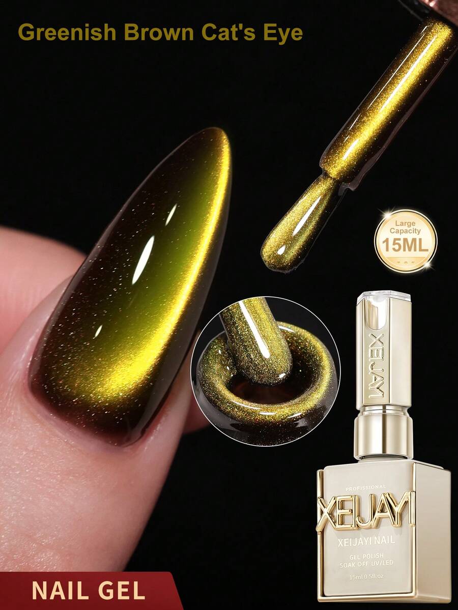 XEIJAYI 1支装 15ml 棕绿色猫眼凝胶指甲油 2025 新款流行色金色玻璃珠美甲贴，适合女性和女孩，圣诞美甲用品