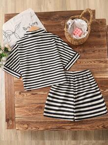 Left Mama Girls Casual Striped Shirt Top And Shorts Set, Versatile For Summer Beach Vacation - Black - View 2