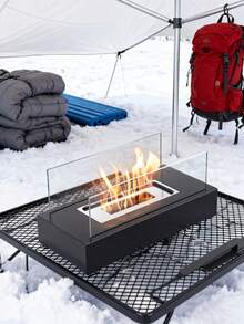 1个迷你便携式无烟生物乙醇壁炉，现代黑色金属桌面火盆，带钢化玻璃面板，室内/室外取暖器，户外露营取暖，家居聚会庭院装饰
