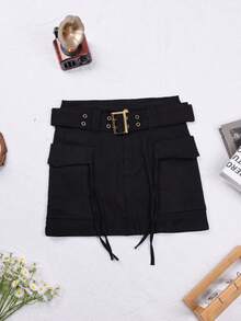 Rikumo Y2K 街头复古翻盖口袋饰带细节工装牛仔迷你裙 夏季辣妹音乐节休闲黑色 - 黑色 - 查看 7