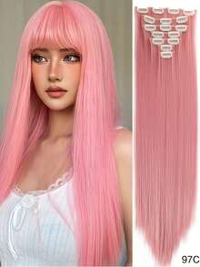 7pcs Of Women's Synthetic Hair Patches Long Straight Hair Clips Deep Black Double-Layer Weaving 16 Clips Per Piece Breathable And Comfortable Hair Accessories - Multicolor - View 18