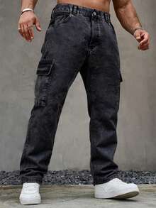男士时尚工装口袋直筒宽松休闲牛仔裤 - 黑色 - 查看 4