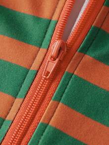 Women's Striped Hooded Jumpsuit Pajama Front Zip Up Bodysuit Fashionable Long Sleeve Slim Fit Soft Loungewear - 軍綠色 - 查看 9