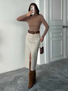 Eleganter, figurbetonter Rock mit hohem Schlitz Einfarbig - Beige - Übersicht 4