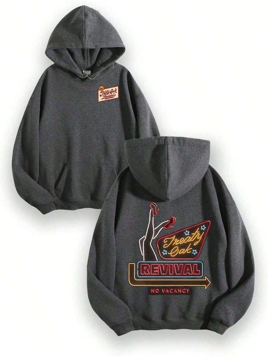 Women Winter ClothesEWH Distressed Washed Cotton Round Neck 270g Double-Sided Printing Men's Hoodie With Soft And Breathable Fabric, Presenting Neon - Style Text "Treaty Oak REVIVAL" And A Figure Pattern Y2k,Soulja,Concert,Halloween,Gothic,Vintage,Streetwear Graphic,009-ABLoose And Comfortablehoodie For Women - 灰色 - 查看 1