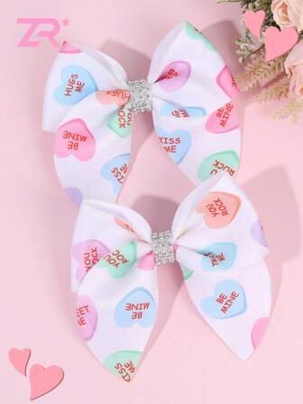 2pcs Valentine's Day Rhinestone Bow Hair Clips, Suitable For Girls And Teenagers, Wear For Dates, Hair Accessories, Heart Print Hair Clips, Women Hair Decorations, Valentine's Day Gifts, Hair Clips Valentine Muse