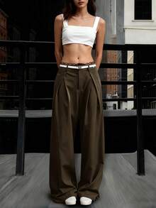 秋冬新款时尚街头风蕾丝腰带宽松灰色高腰直筒低腰女裤，适合秋冬季穿着，也适合万圣节、圣诞节、沙特国庆节、新年、优雅、正式、通勤等场合，以及Y2K千禧年风格。 - 咖啡棕 - 查看 4