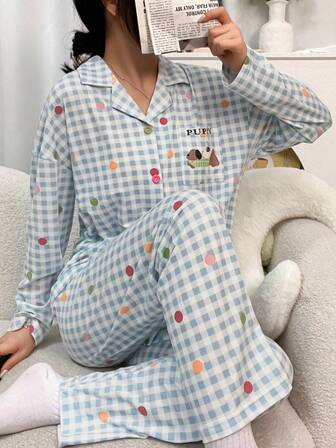2pcs Women Pajama Set, Collared Cardigan Sleepwear, Long Sleeve Top With Colorful Polka Dot & Plaid Print, Pocket With English Letter & Cartoon Dog, Matching Pants With Colorful Polka Dot & Plaid Print, Comfortable & Fashionable, Suitable For Spring/Autumn Casual Wear