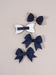 4pcs Navy Blue Bow Hair Clips Set, Suitable For Girls - Navy Blue Alligator Clips, Solid Shiny Hair Clips, School Style Party Hair Accessories, Suitable For Daily Wear, Teens Hair Accessories