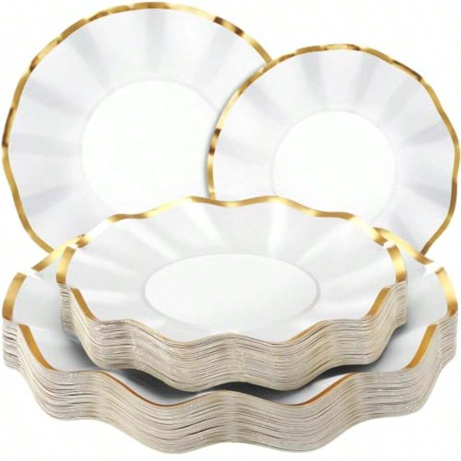 D100 Pcs Scalloped White Paper Plates With Gold Rim 10 Inch And 8 Inch Party Dert Plates Disposable White Wedding Paper Dinnerware For Cake Dert Birthday Baby Shower Tea Party Plies - 白色 - 查看 1