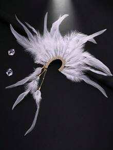 1件时尚白色羽毛流苏耳夹，夸张个性化水晶单只右耳耳环，适合化妆、舞会、派对、舞台展示 - 金右 - 查看 3