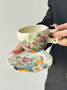 1pc Floral & Bird Lily Of The Valley Ceramic Coffee Cup, Minimalist Ins Style Curved Handle Coffee Cup, Elegant Afternoon Tea Cup, Creative Asymmetrical Handmade Cup & Saucer, Can Be Used As Dessert, Fruit Plate, Breakfast Oatmeal, Latte, Commercial Creative Coffee Cup, Mug, Tea Cup, Water Cup, Gift - Multicolor - View 2