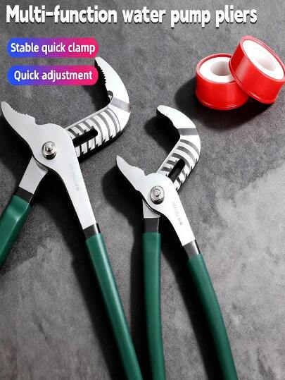 1pc 10/12 Inches Water Pump Pliers With PTFE Thread Seal Tape (2 Rolls), Adjustable Groove Joint Design, Smooth Jaw Adjustment, Stable Grip, Non-Slip Handle, For Pipe Work, Home Repair, Bathroom And Kitchen Maintenance, DIY Daily Use