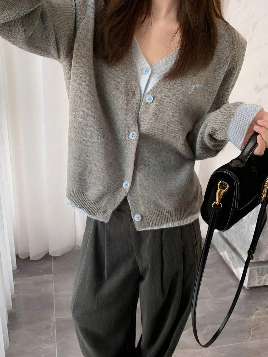 Alicedudu Women's Autumn/Winter Minimalist V-Neck 2 In 1 Sweater Cardigan - Light Grey - View 1