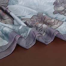 "Elegant Floral Chiffon Scarf - Flowing Design With Hand-Painted Flowers, Beige/Blue-Gray Background, Light Blue Wedding Scarf, Bohemian Purple Women's Scarf, Stylish & Lightweight" - JFA334-06 藍色 - 查看 5