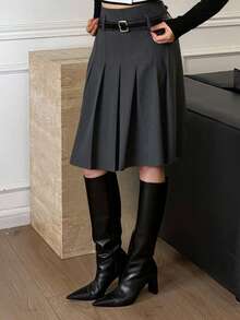 Livesso Women's Solid Color Pleated A-Line Midi Skirt, Casual College Style - Dark Grey - View 2