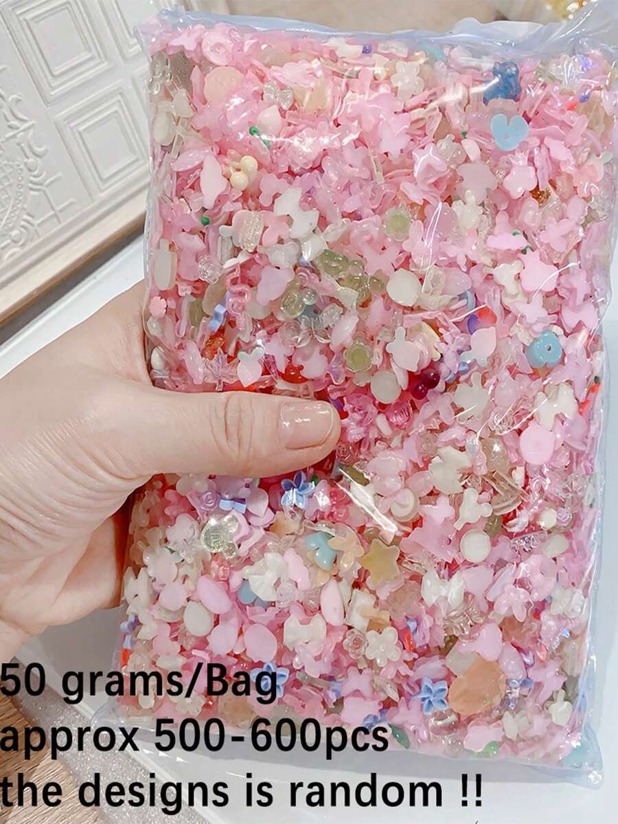 50克/袋（500-600颗）3D混合色粉色美甲饰品，多种形状，包括心形、花朵形、蝴蝶结形等，树脂材质，平底，水钻材质，适用于美甲DIY、工艺品制作、珠宝配件、美甲用品、美甲宝石等。 - 淺粉色 - 查看 1