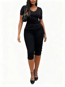 Blazique Yuwenier 街头时尚弹力高腰紧身七分裤拉链斜口袋修身打底裤黑色七分裤女士日常穿着 - 黑色 - 查看 1