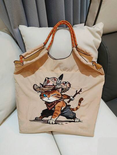 新款休闲刺绣功夫猫图案可折叠尼龙手提包，大容量，适合通勤、购物、海滩、聚会、单肩背和斜挎。