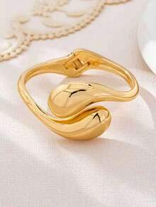 1pc Fashionable Minimalist Thick Solid Gold Teardrop Shaped Bangle Bracelet, Suitable For Women's Daily Wear - Yellow Gold - View 4