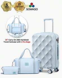 SOMAGO 20 Inch Carry On Suitcase Set With Duffel Bag And Toiletry Bag Airline Approved Hardshell Lightweight ABS Travel Luggage  With TSA Lock& 8 Silent Swivel Wheels, Diamond Pattern Surface And YKK Zipper With 2 Pcs Bags - Light Blue - View 2
