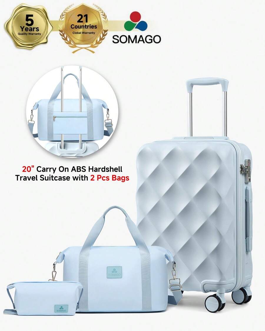 SOMAGO 20 Inch Carry On Suitcase Set With Duffel Bag And Toiletry Bag Airline Approved Hardshell Lightweight ABS Travel Luggage  With TSA Lock& 8 Silent Swivel Wheels, Diamond Pattern Surface And YKK Zipper With 2 Pcs Bags