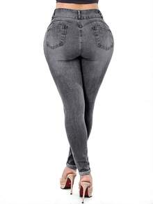 女士提臀牛仔裤，高弹力打底裤，时尚优雅，适合约会、通勤、休闲旅行、情人节和新年穿着。 - 中灰色 - 查看 5