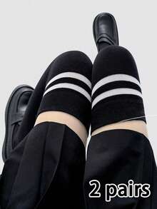 1/2/3双装女士针织过膝长袜，条纹紧身过膝长袜，保暖舒适，适合日常穿着、角色扮演、Y2K风格等场合。 - 黑與白 - 查看 9
