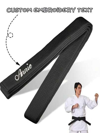 1 st anpassningsbart taekwondo-bälte, svart kampsportsbälte med broderat namn, lämplig för karate, judo och kampsporter, traditionell design, högkvalitativ kampsportsutrustning, kampsportsbälte, tillbehör till kampsporter, traditionellt kampsportstillbehör, bälte med slät textur